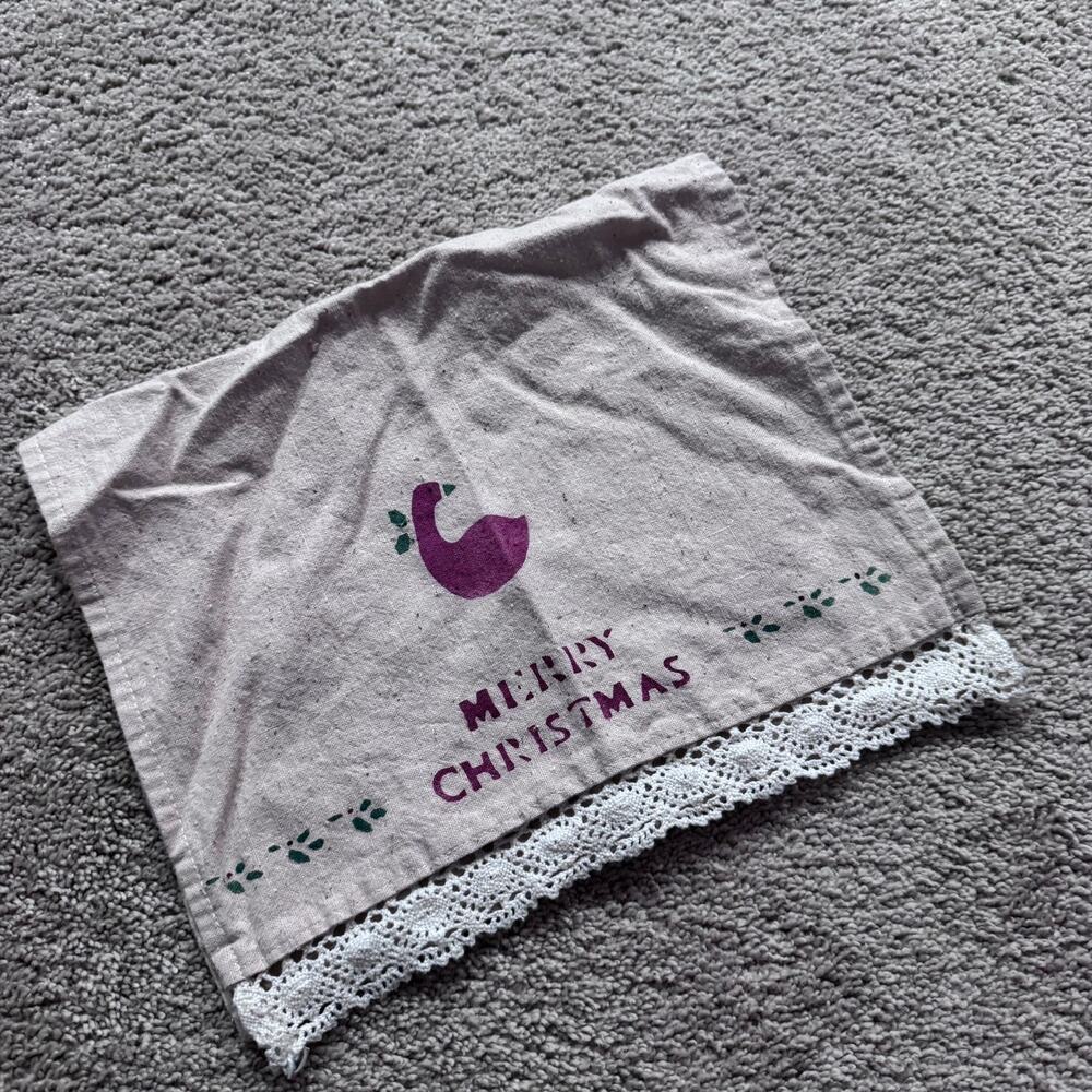 Vintage 1990s Merry Christmas Goose Hand Towel Tea Towel Country Kitchen Lace